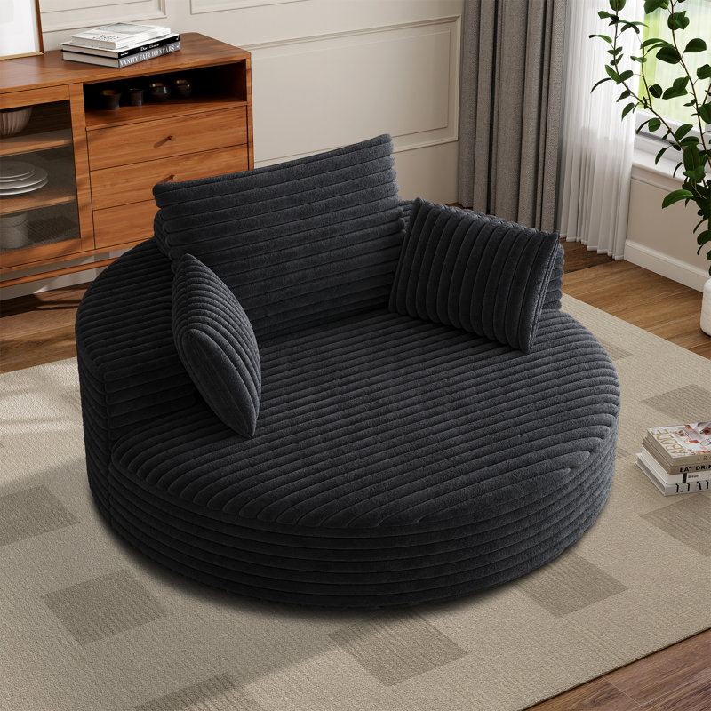 Wide Corduroy Swivel Chair And Fluffy Sleeper Sofa With 360° Rotation For Living Room And Lounge, Black