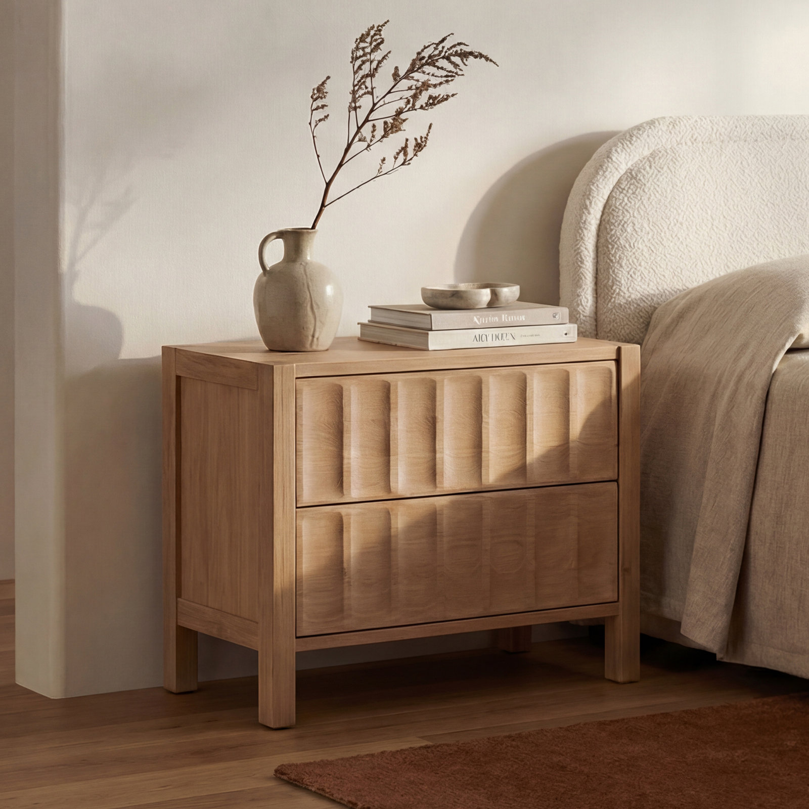 2-Drawer Wide Oak Nightstand, Brown