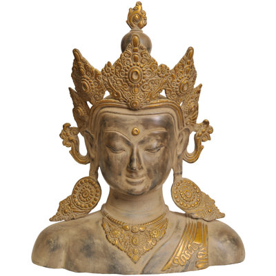 17-Inch Handmade Brass Crown Buddha Bust - Tibetan Meditation Statue for Home Altar, Spiritual Living Room Decor & Yoga Studio Art