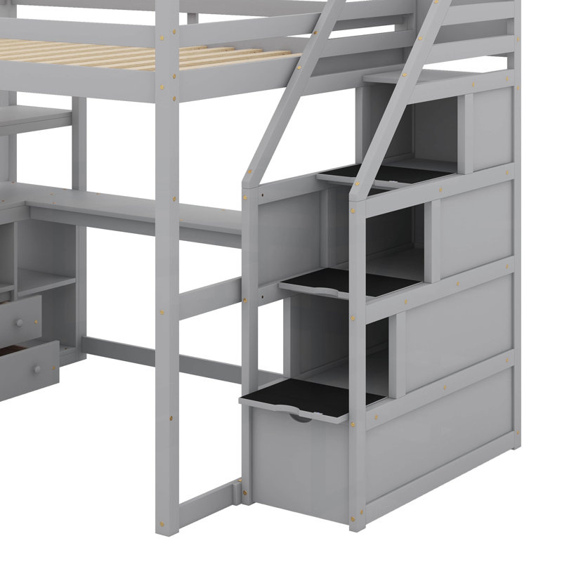 Lit mezzanine double avec bureau et tablettes, Gris