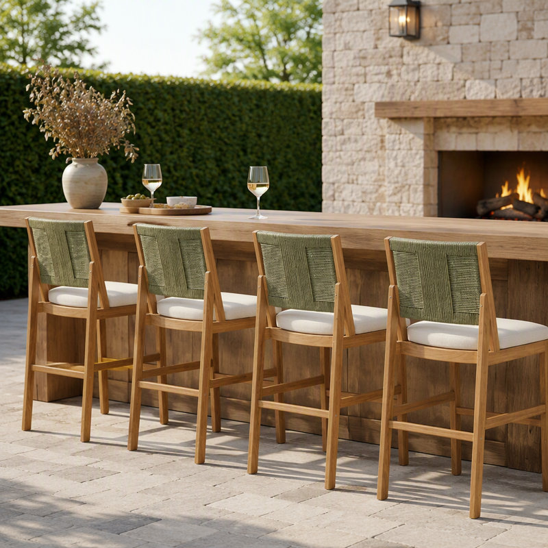 4 pièces Tabouret de bar d'extérieur vert en bois d'acacia massif et osier tissé Arly