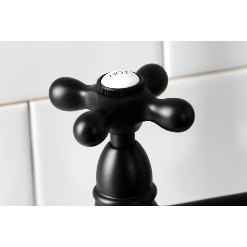 Kingston Brass Heritage Two-Handle 4-Hole Deck Mount Bridge Kitchen Faucet with Brass Side Sprayer, Matte Black