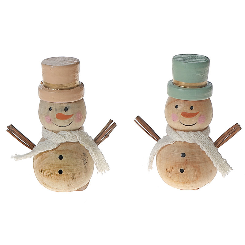 Wooden Snowman With Hat Decor - Set Of 2