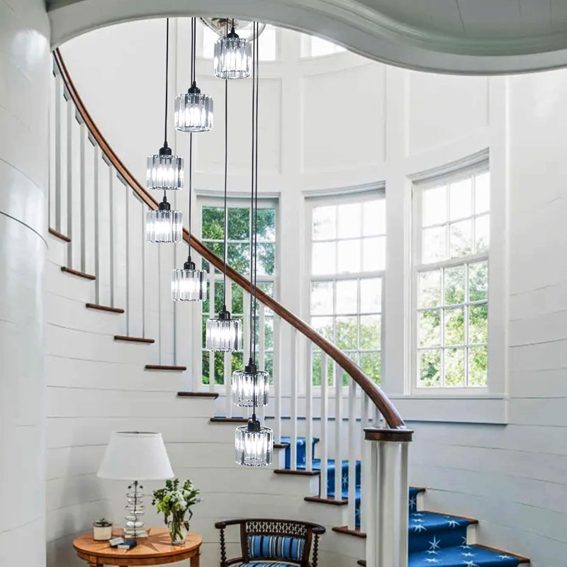 Modern Crystal Chandelier With Adjustable Height For High Ceilings, 8-Light Raindrop Pendant Fixture For Foyer, Staircase, And Entryway