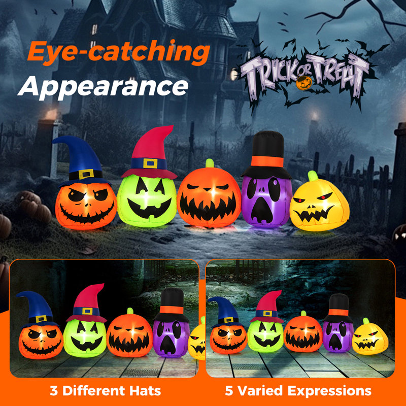 9 Ft Inflatable Multicolor Pumpkin Patch Family with LED Lights and Witch Hats