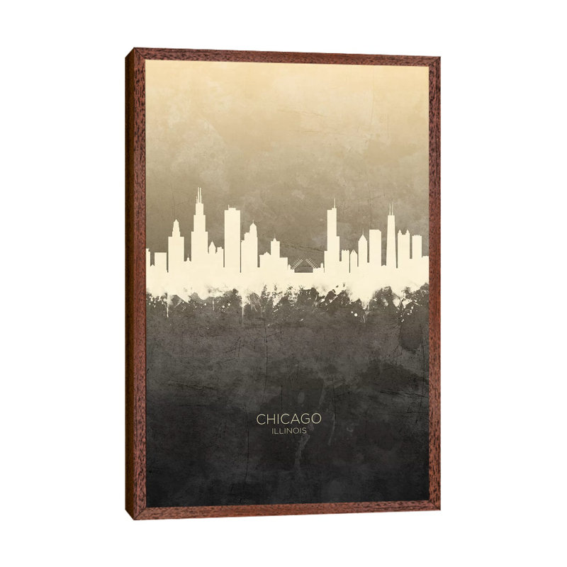 Chicago Illinois Skyline Taupe by Michael Tompsett - Print on Canvas, 66.04 cm H x 45.72 cm W, Classic Brown Wood Framed
