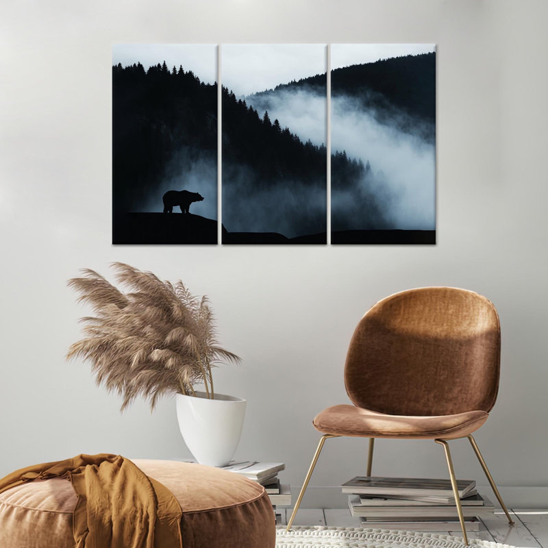 Toile imprimée: ours de forêt brumeux, décor de chalet minimaliste, toile tendue 3P, 23,6 po H x 47,2 po l