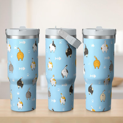 Gobelet 30 oz avec couvercle et poignée Gobelets isothermes en acier inoxydable Bouteille d'eau mignonne avec rabat (chat)