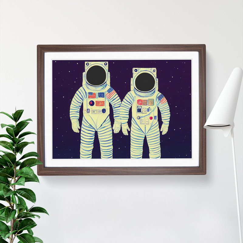 Two Retro Astronauts Vol.2 1 Piece Single Picture Frame Wall Art, 25cm H x 34cm W x 2cm D, Walnut Framed