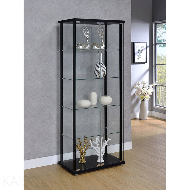 Vitrine noire à 4 tablettes, 64.25" H x 23.75" W x 14.5" D