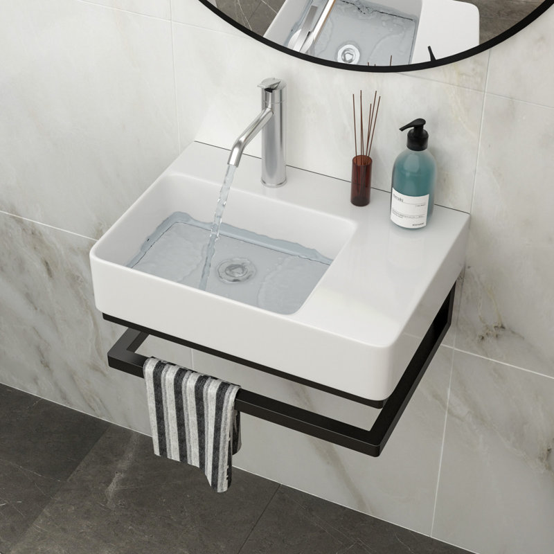 Lavabo de salle de bain mural rectangulaire en céramique 23,25 "x 16,5" avec barre à serviettes noire et trou pour robinet
