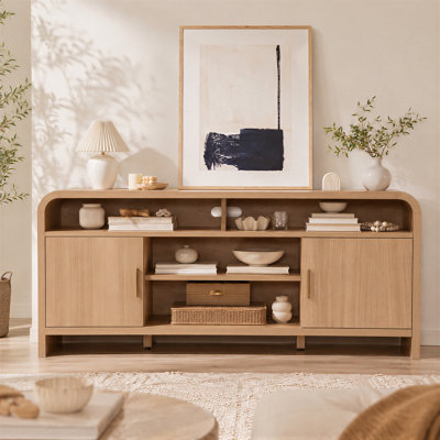 Élégant meuble télé incurvé avec rangement dissimulé, console multimédia moderne pour téléviseur de 65 po ou moins