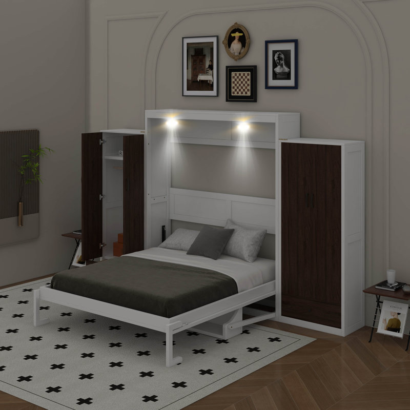 Lit escamotable double pleine grandeur avec placard, tiroirs et table