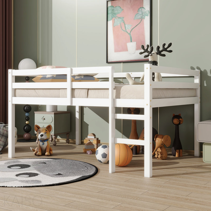 Lit mezzanine double en bois d'hévéa avec échelle, blanc, Blanc