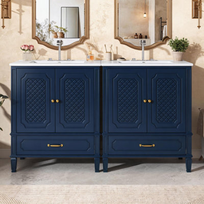 Bathroom Vanity with Ceramic Sink, Solid Wood & MDF Cabinet, Soft Close Door, Adjustable Shelf & Removable Drawer Divider
