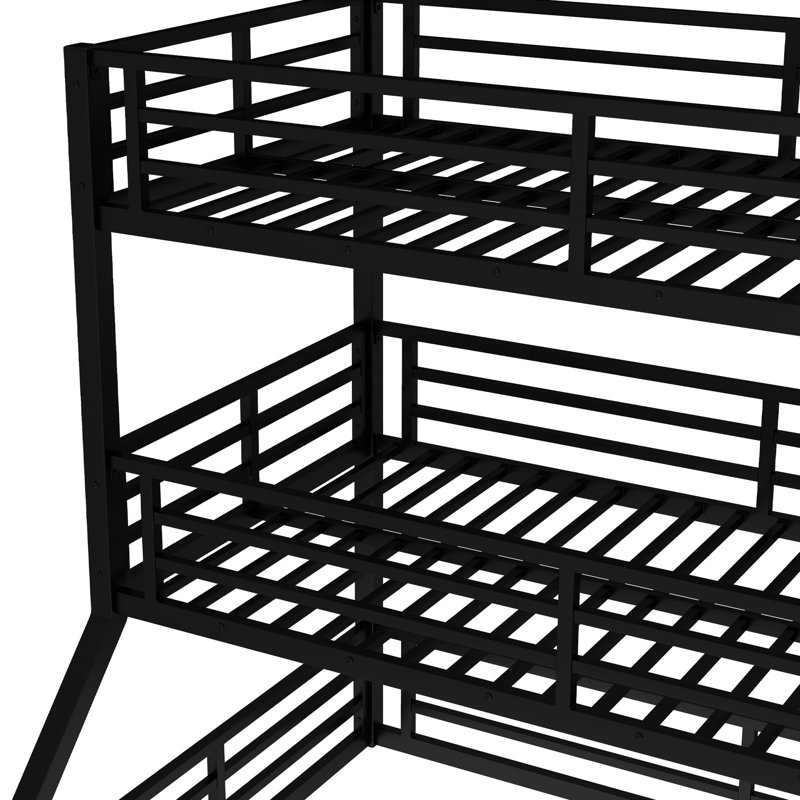 Lit superposé noir complet en métal, équipé d'une structure, de barrières de sécurité de longueur et d'une fabrication silencieuse, pour les chambres d'amis dans les pavillons de chasse, lit triple noir, avec structure robuste, minimisant