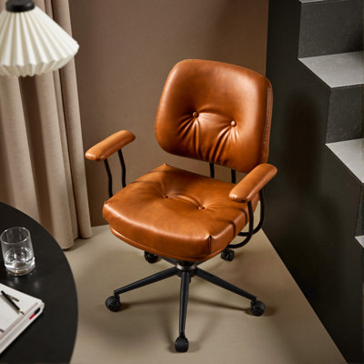 Mid-century Faux Leather Office Chair With Arms, Adjustable Swivel Desk Chair For Office Or Vanity – Compact Ergonomic Task Chair