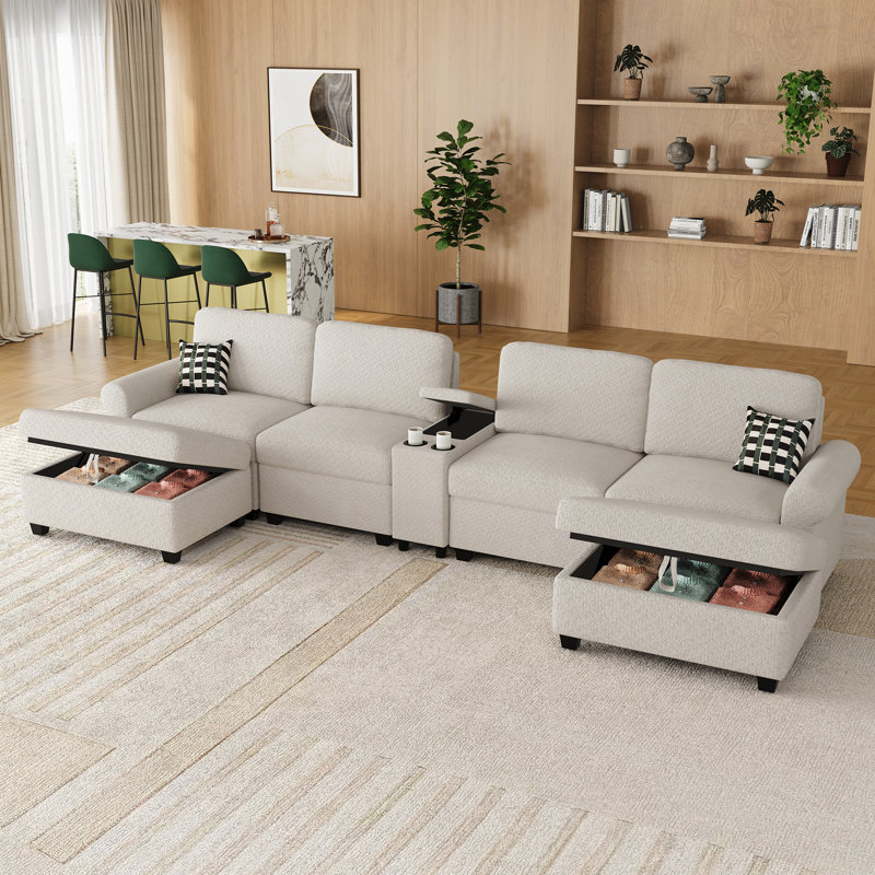 Canapé modulaire modulaire à 4 places avec porte-gobelet et rangement, ensemble de salon polyvalent, Beige Chenille