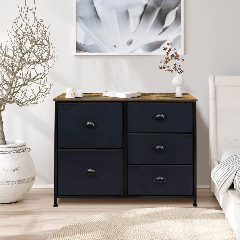 Sorbus 5 Drawers Dresser with Steel Frame and Wood Top, Black