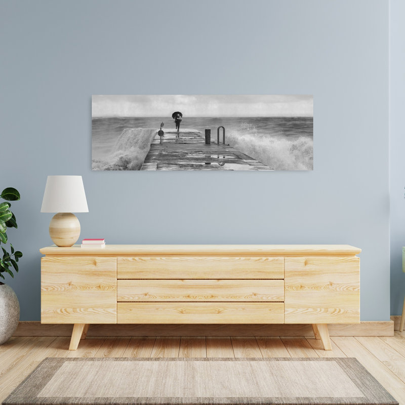 «Stormy Pier Walk», art dramatique abstrait côtier contemporain, H 16 po x l 48 po