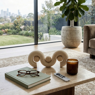 Decorative Abstract Sandstone Wave Statue Object With 3-Orbs For Home Decor - Modern Sculptural Accent For Living Room Decoration - Brown