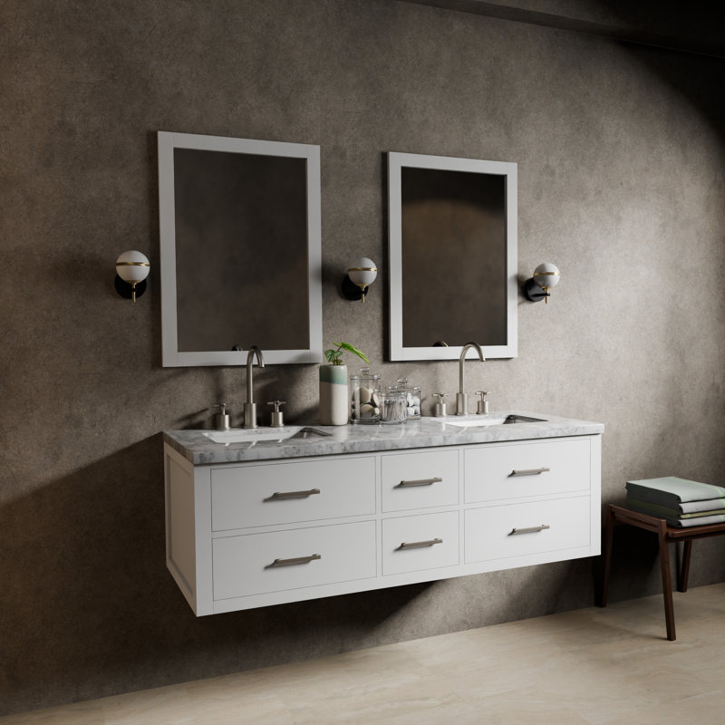 60" Wall-Mounted Double Bathroom Vanity Set, White, White Carrara Marble
