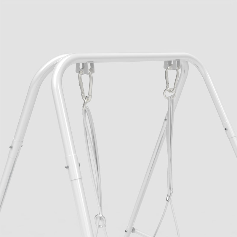Balançoire pour tout-petits avec support métallique pliable, idéale pour l'intérieur et l'extérieur, à utiliser dans le jardin dès 6 mois. Couleurs : gris et blanc.