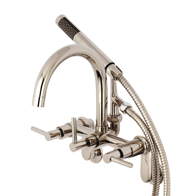 Kingston Brass Concord Three-Handle 2-Hole Tub Wall Mount Clawfoot Tub Faucet with Hand Shower, Polished Nickel