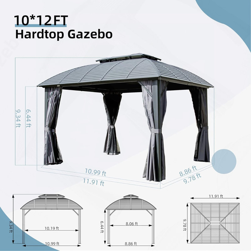 Pavillon de jardin extérieur permanent 10 pi x 12 pi avec pavillon en aluminium