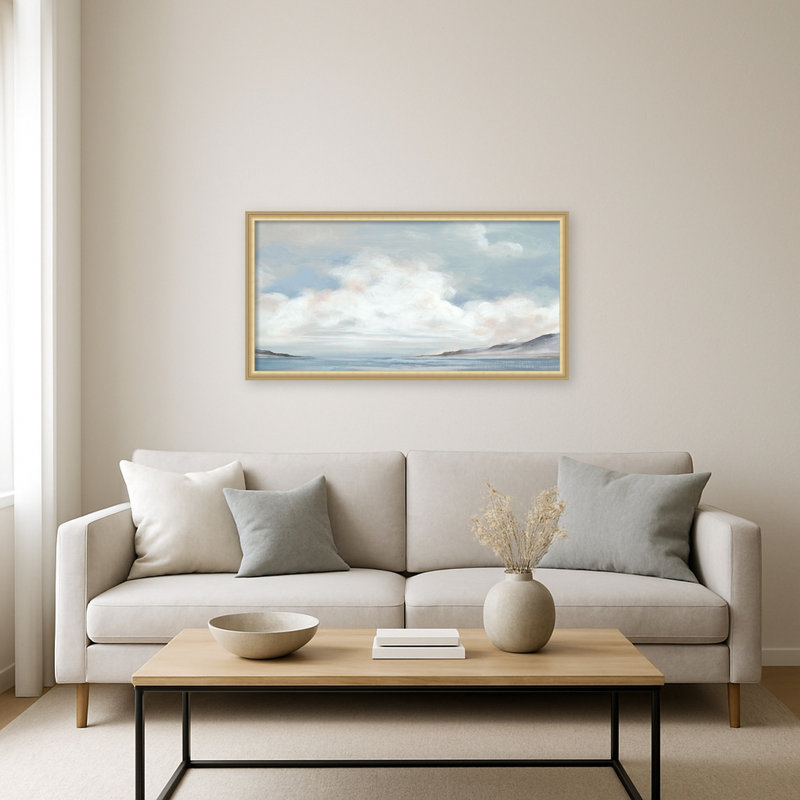 «Tranquil Coastline Expansive Sky» par Luna Mavis, reproduction d'art sur toile encadrée, Or de Florence