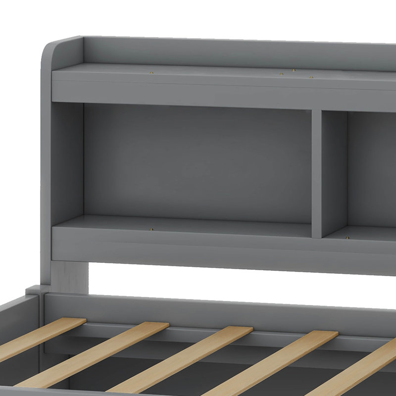 Twin Size Daybed With Drawers, Solid Wood Corner Bed Frame With L-Shaped Bookcase, Grey