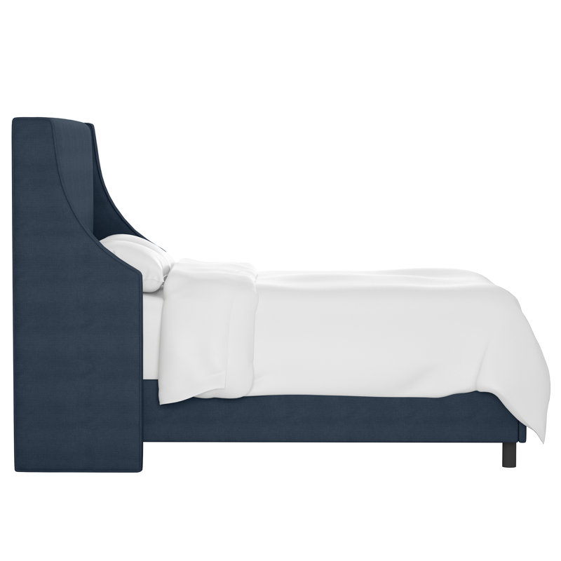 Lit tapissier standard à profil bas Bernadine, Simple, Lin texturé bleu marine Zuma