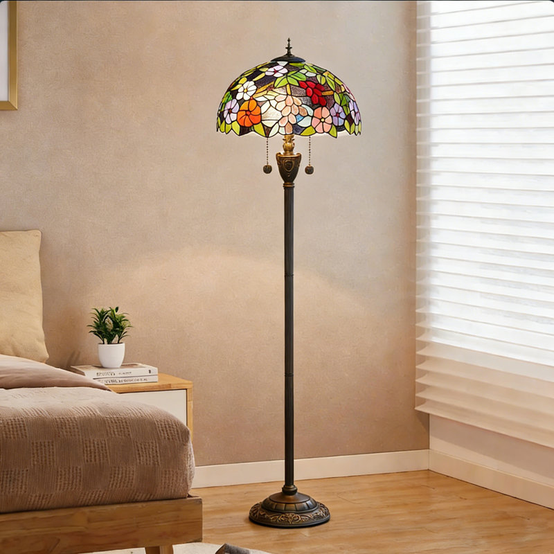 64"H Tiffany Style Floor Lamp with Stained Glass Shade and Resin Base, Grape Flower