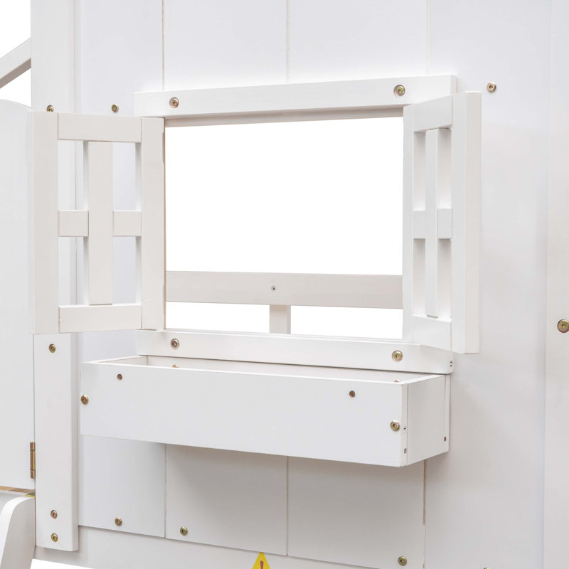 Twin over Twin House Bunk Bed with Roof , with Safety Guardrails and Ladder,White