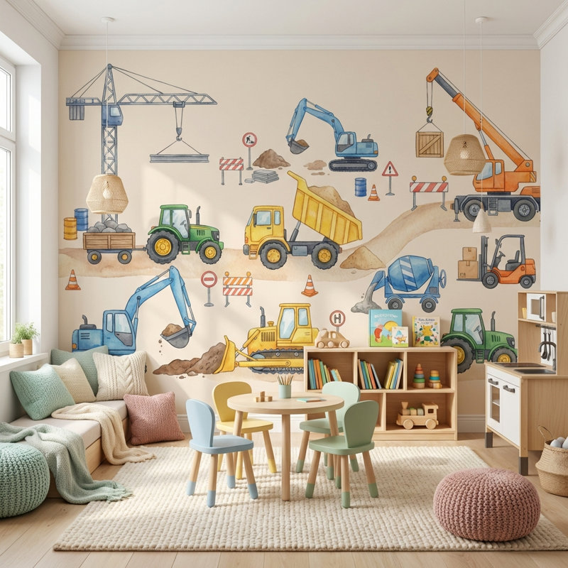 Papier peint mural ludique à motifs de véhicules de chantier, 140"x108", Non-Woven Nonpasted
