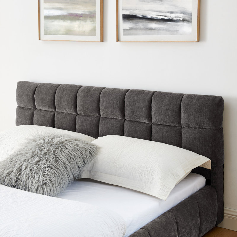 Grand lit moderne avec tiroir de style moderne et confortable gris foncé rembourré, Gris foncé
