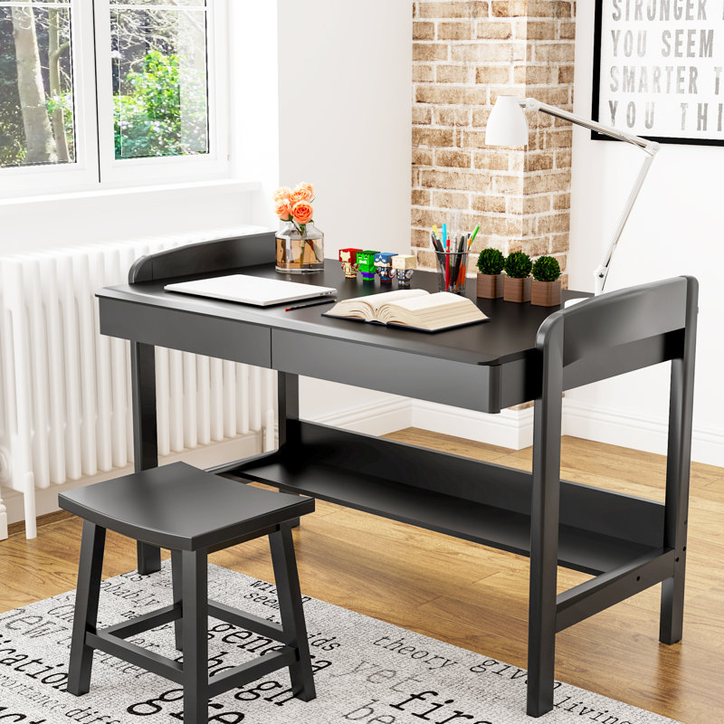 Solid Wooden Desk with Drawers, Manual Standing Desk Adjustable Height with Cable Hole, 31.7" H x 40.5'' W x 23.6'' D, Black