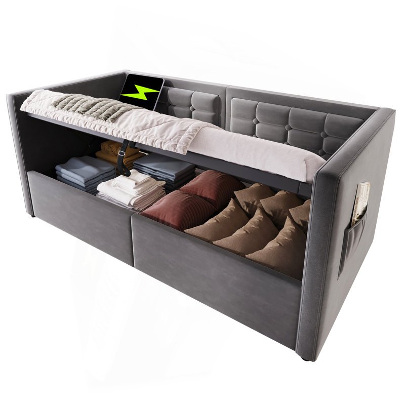 Upholstered Twin Size Daybed, Hydraulic Storage Twin Bed Frame With USB & Type-C Charging, Bed Frame With Wooden Slats And Tufted Sofa Back, Gray, Velvet (Without Mattress)