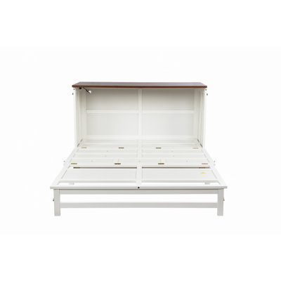 Murphy Bed Cabinet With Storage Drawer And Charging Station, USB Port, Solid Pine Murphy Bedframe For Home Office, Studio Or Guest Room,White-Walnut