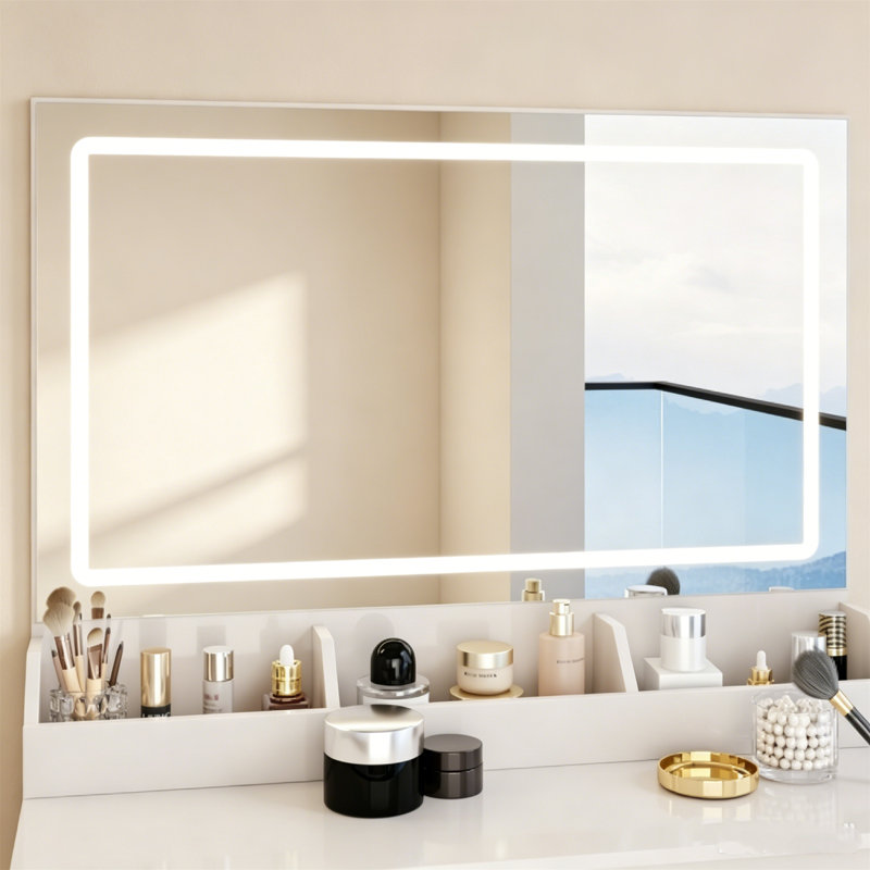 Ensemble de grande coiffeuse 31 po x 20 po à DEL avec tabouret rembourré, miroir à intensité variable 3 couleurs à commande tactile, coiffeuse compacte et spacieuse avec rangement pour les petits espaces