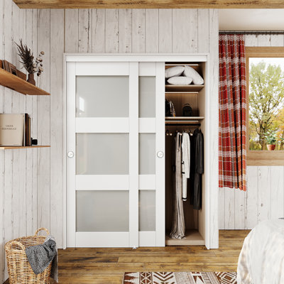 60" x 80" White Frosted Glasses Pantry Closet Sliding Doors With Hardware & Handles