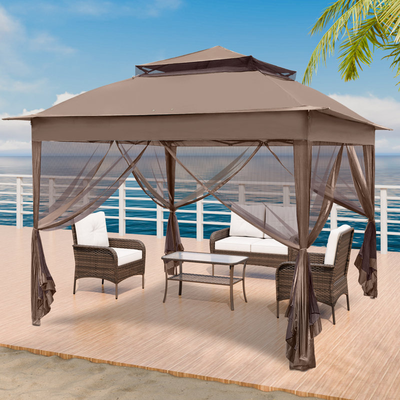 11 Ft. W x 11 Ft. D Outdoor Pop Up Soft Top Steel Patio Gazebo with Netting, Brown