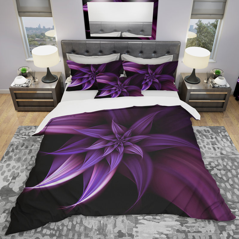 Ensemble de housse de couette de style contemporain mauve à motif floral fractal, Housse de couette double / grand + 2 taies