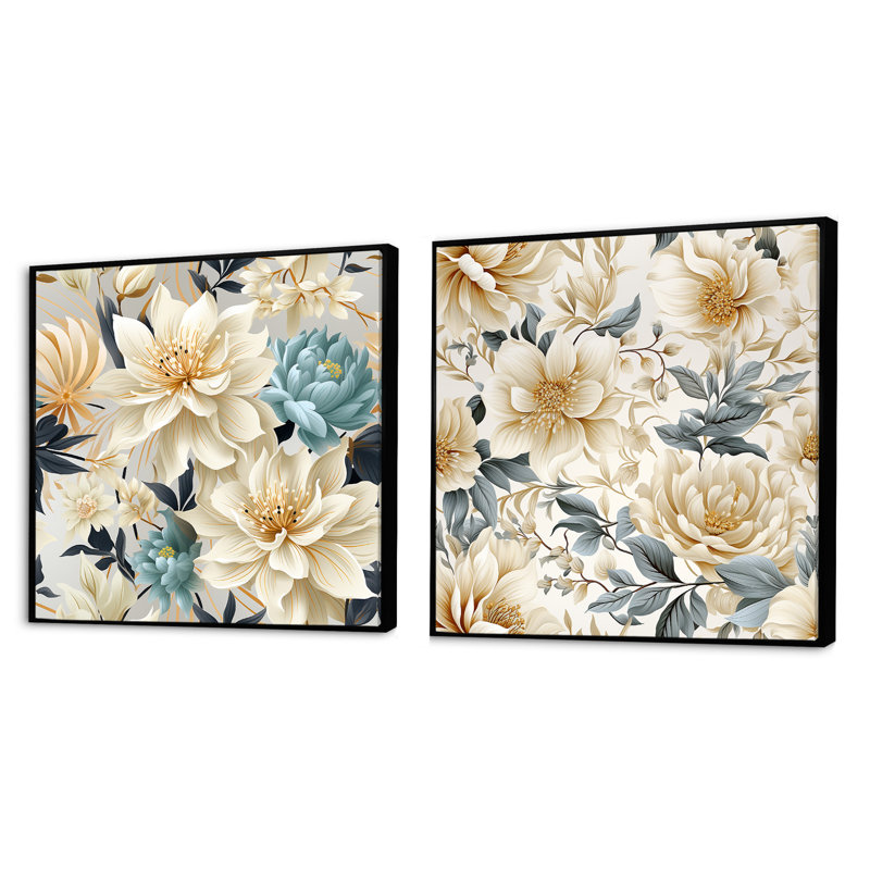 Capucine - Ensemble de 2 collages floraux carrés, Cadre flottant noir, H 16 po x l 33 po