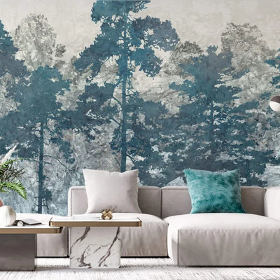 Blue Misty Pine Forest Mural Wallpaper – Modern Scandinavian Woodland Landscape Wall Decor – Peel And Stick Or Non-Woven Option