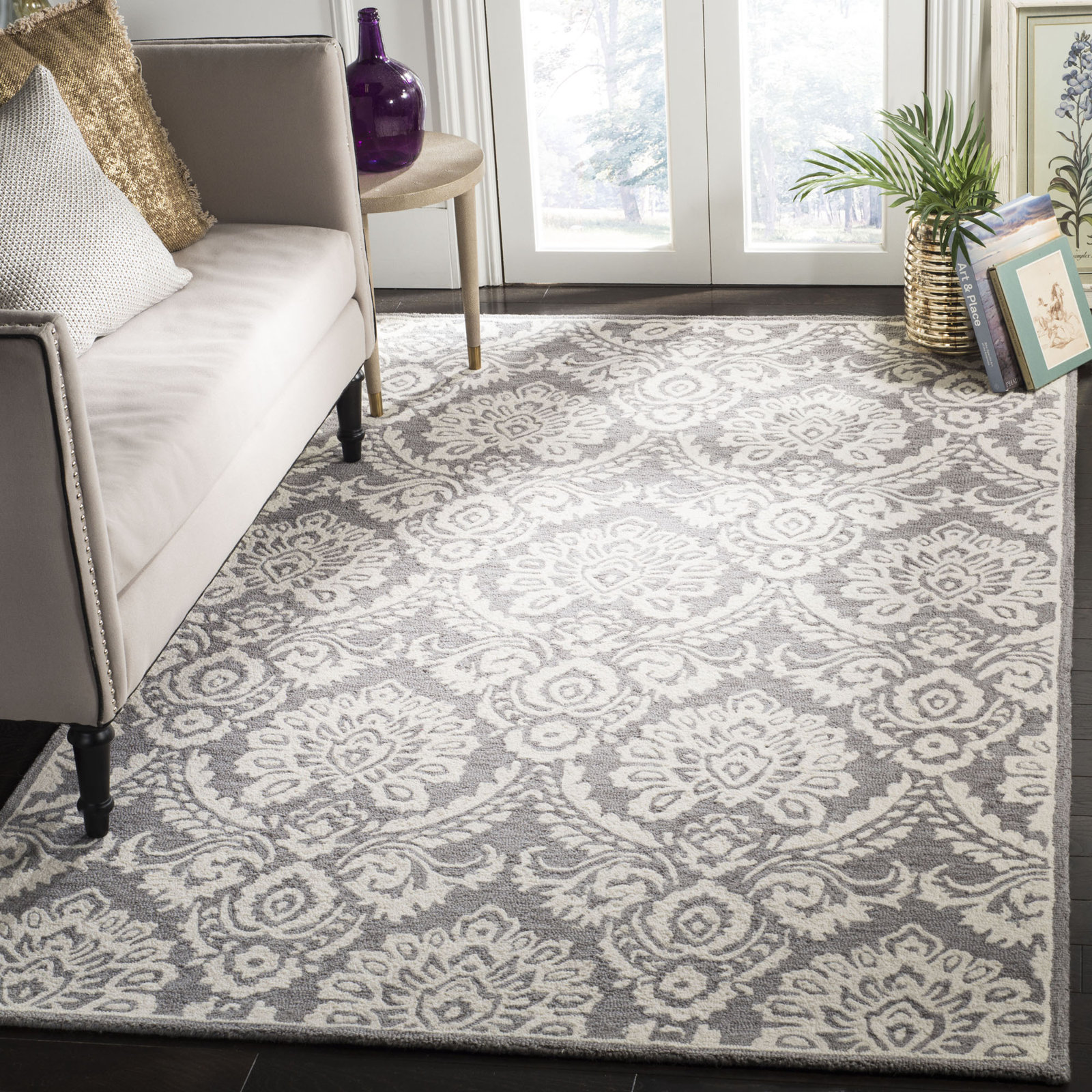 Tansy Ivory Gray Hand-Woven Floral Wool Rug, Rectangle 4' x 6'