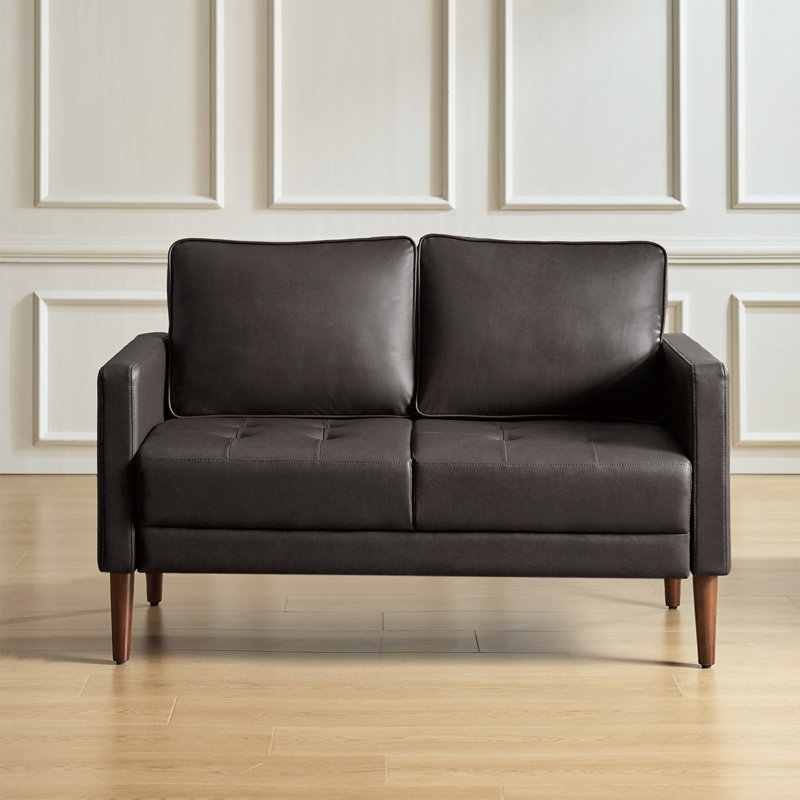 Faux Leather Upholstered Loveseat with Solid Wood Legs, Brown