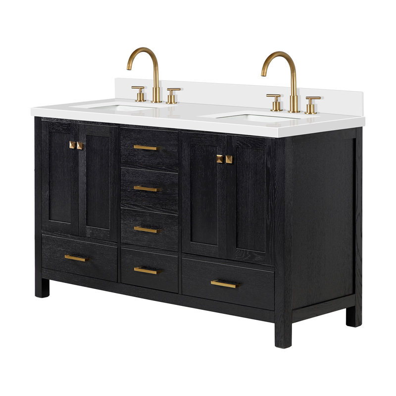 Grevera 61" Double Bathroom Vanity Set, Black Oak / Satin Brass