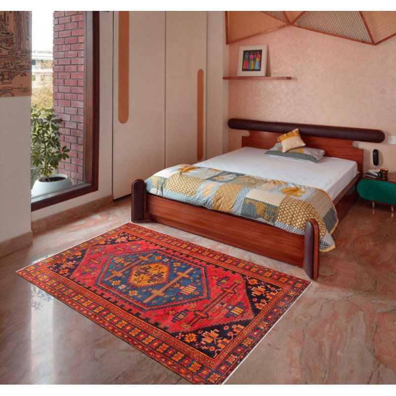 Tapis oriental bleu / rouge / orange en coton et laine noué à la main 4 pi 1 po x 7 pi 3 po Oriental