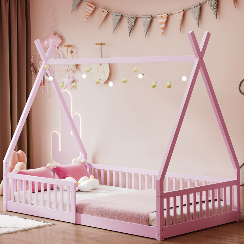 Lit de clôture rose pour lit simple - Chambre stable en bois de pin massif avec décoration, Pink